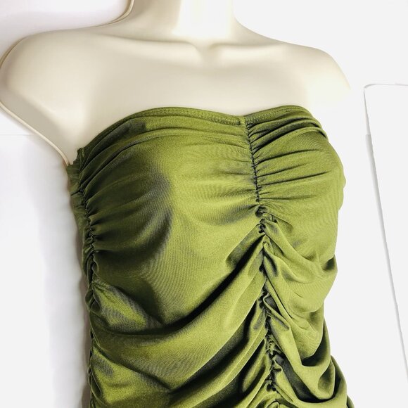 Bandeau Ruched Knees Length Dress Olive Green Cocktail Date Night Event Elastic - Picture 4 of 7